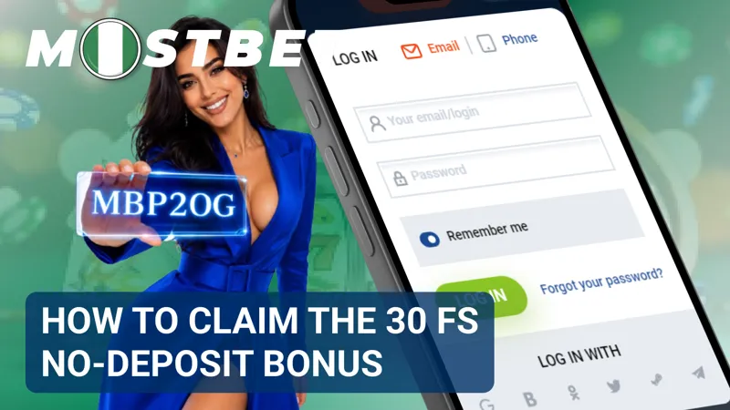Registration and bonus activation screen showing the steps to receive 30 free spins without a deposit.