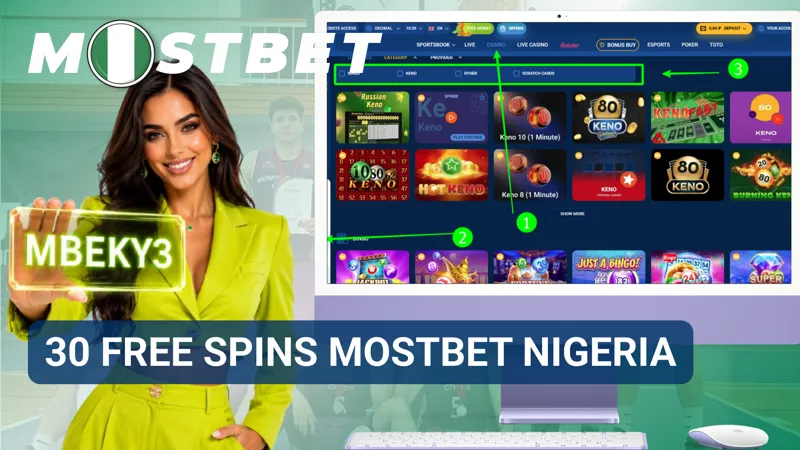 MostBet Nigeria promo banner displaying 30 free spins for a no-deposit casino offer.