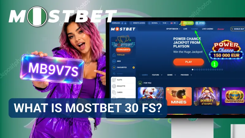 Promotional card explaining the 30 Free Spins offer available in the MostBet Nigeria casino.