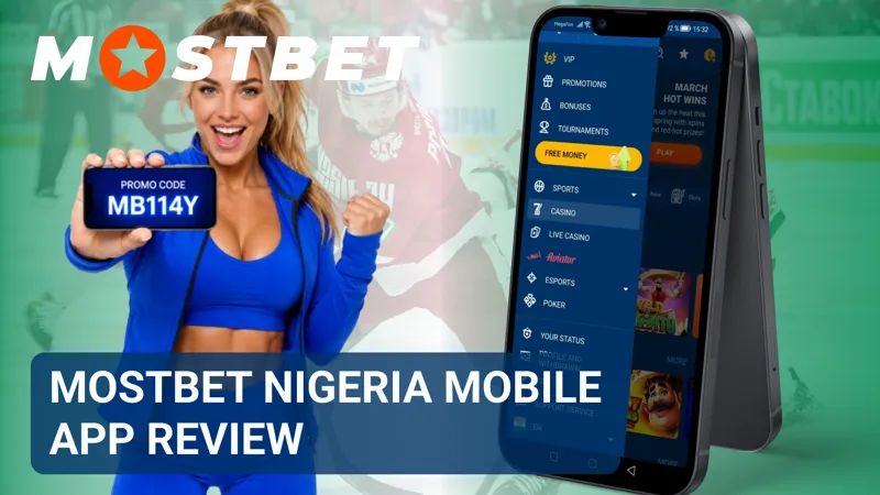 Mostbet Nigeria mobile app displayed on a smartphone with betting and casino sections.