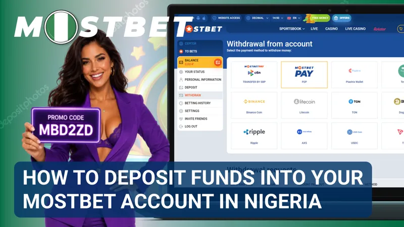 MostBet Nigeria deposit page displaying payment options and account funding interface.