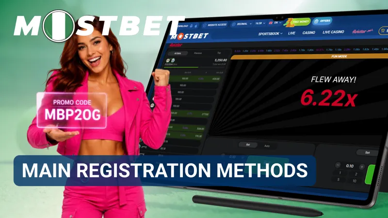 Registration menu showing phone, email, social media, and quick signup options on MostBet.